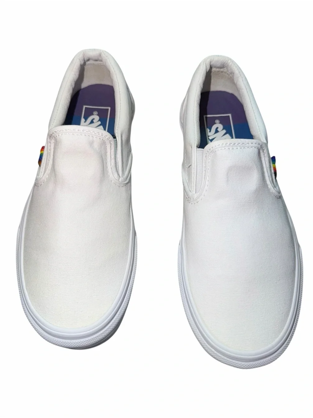 Vans White Multi/Rainbow Slip-On Pride Classic Canvas Skate Shoes Women’s 6